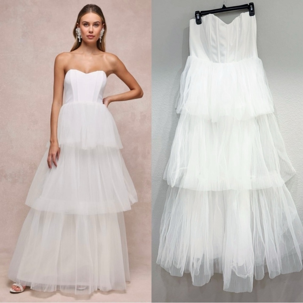 Lulu's White Strapless Tiered Tulle Maxi Dress